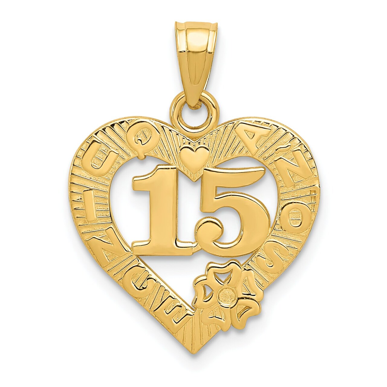 14K Gold 15 Quince Anos Heart Charm Birthday Pendant Jewerly 22mm x 16mm